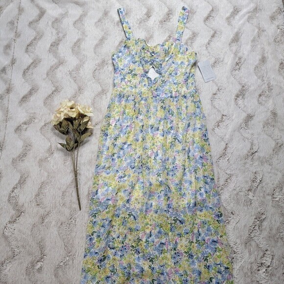 19 Cooper Blue Yellow Scrunch Bodice Peekaboo Hole Flowy Dress NWT Size M - Picture 1 of 10